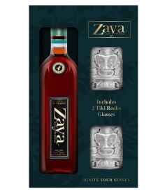 Zaya Gran Reserva 16 Year Rum with Tiki Rock Glasses. Costs 24.99