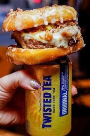Donut Burger with Twisted Tea Icing