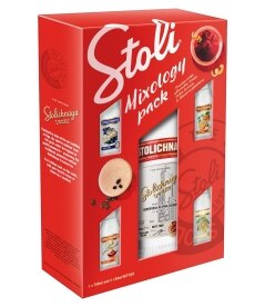 Stolichnaya Vodka Mixology Pack with Four Minis, Vanilla, Orange, Salted Caramel & Blueberry. Costs 17.99