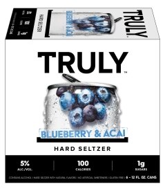 Truly Blueberry & Acai Hard Seltzer. Costs 12.49