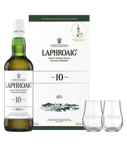 Laphroaig 10 Year Scotch with Glasses