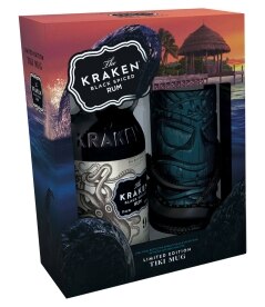 Kraken Black Spiced Rum 94 with Tiki Glass. Costs 19.49