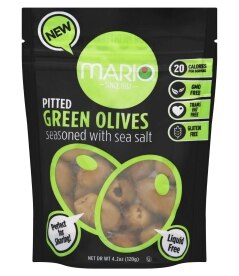 Mario Green Pitted Olives with Sea Salt Pouch. Costs 4.59