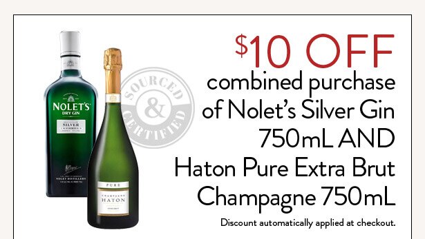 $10 OFF combined purchase of Nolet’s Silver Gin 750mL AND Haton Pure Extra Brut Champagne 750mL. Discount automatically applied at checkout.