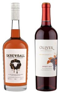 Skrewball Peanut Butter Whiskey 750mL and Oliver Sweet Red Wine 750mL.