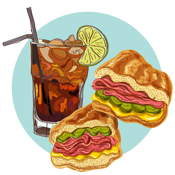 Illustration of a Cuban Sandwich and Cuba Libre