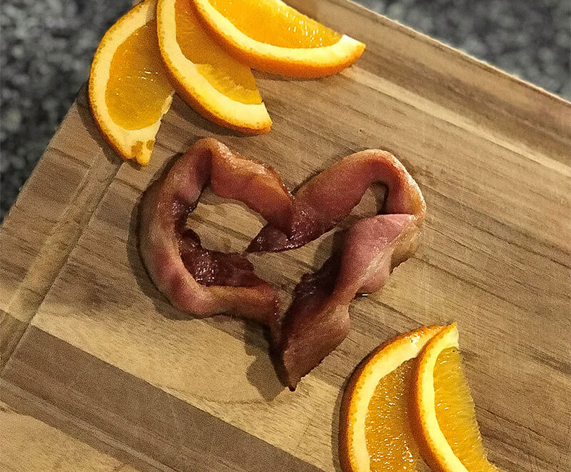 Heart-shaped maple bourbon bacon for Valentine’s Day
