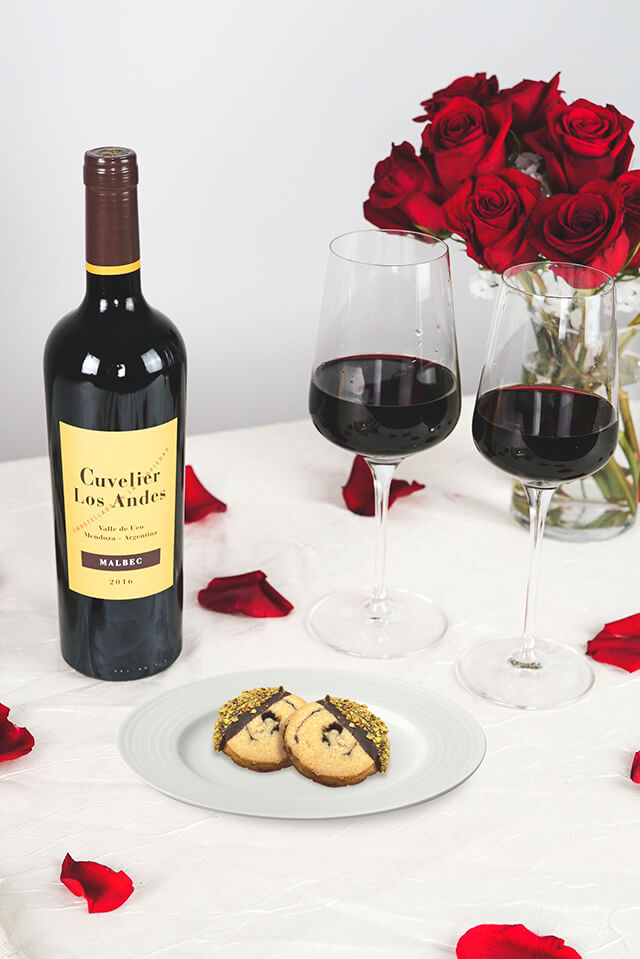 Keto chocolate swirled butter cookies paired with Cuvelier Los Andes Malbec